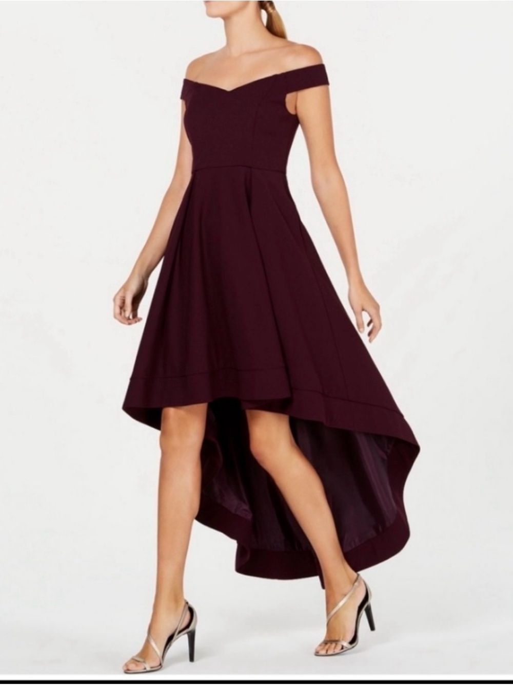 NWT Calvin Klein Off Shoulder High-Low Cocktail Dress Wine Fall Wedding Guest